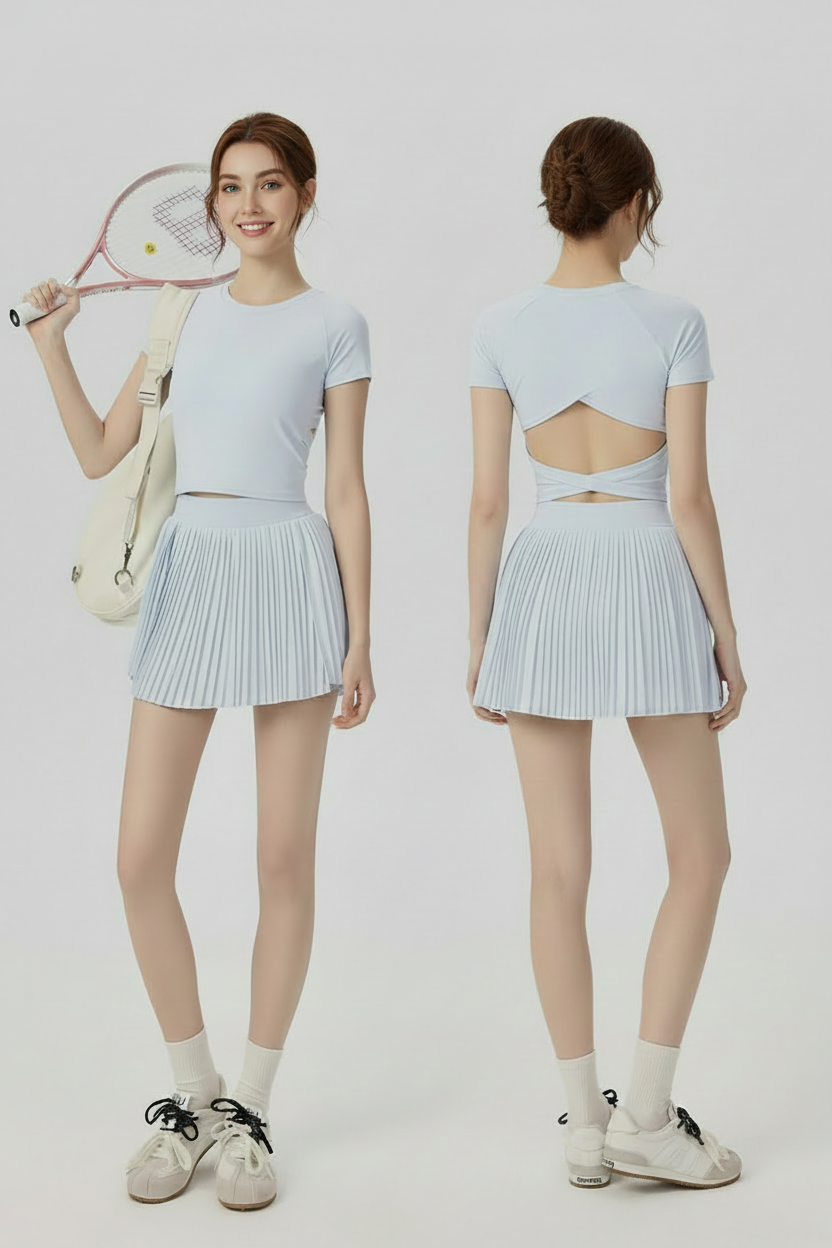Padded Tennis Skirt and Hollow Back Crop Tops  Set